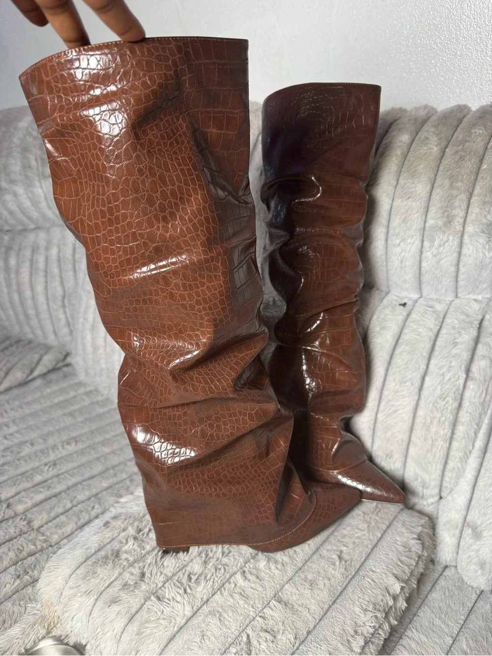 Croc-Embossed Slouch Over-the-Knee Boot in Brown